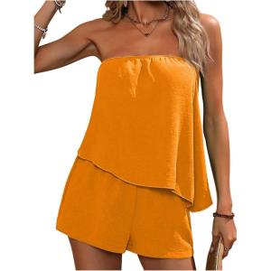 imageSOLY HUX Womens Summer 2 Piece Outfits Sleeveless Asymmetrical Tube Top and Shorts SetPlain Orange