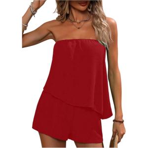 imageSOLY HUX Womens Summer 2 Piece Outfits Sleeveless Asymmetrical Tube Top and Shorts SetPlain Red