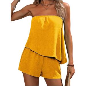 imageSOLY HUX Womens Summer 2 Piece Outfits Sleeveless Asymmetrical Tube Top and Shorts SetPlain Yellow