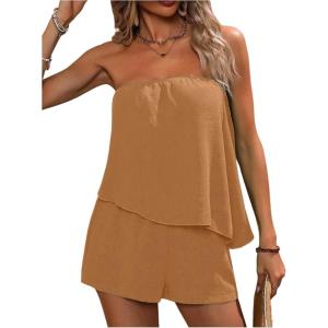 imageSOLY HUX Womens Summer 2 Piece Outfits Sleeveless Asymmetrical Tube Top and Shorts SetPure Brown