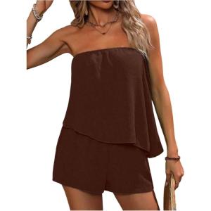 imageSOLY HUX Womens Summer 2 Piece Outfits Sleeveless Asymmetrical Tube Top and Shorts SetPure Dark Brown