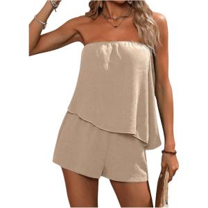 imageSOLY HUX Womens Summer 2 Piece Outfits Sleeveless Asymmetrical Tube Top and Shorts SetPure Khaki