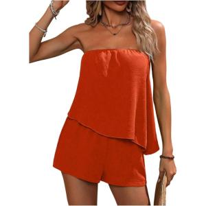 imageSOLY HUX Womens Summer 2 Piece Outfits Sleeveless Asymmetrical Tube Top and Shorts SetSolid Orange