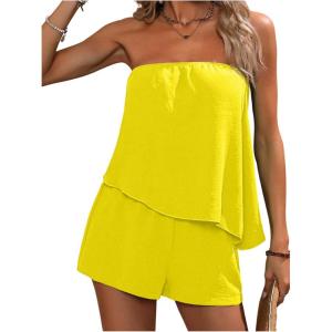 imageSOLY HUX Womens Summer 2 Piece Outfits Sleeveless Asymmetrical Tube Top and Shorts SetSolid Yellow