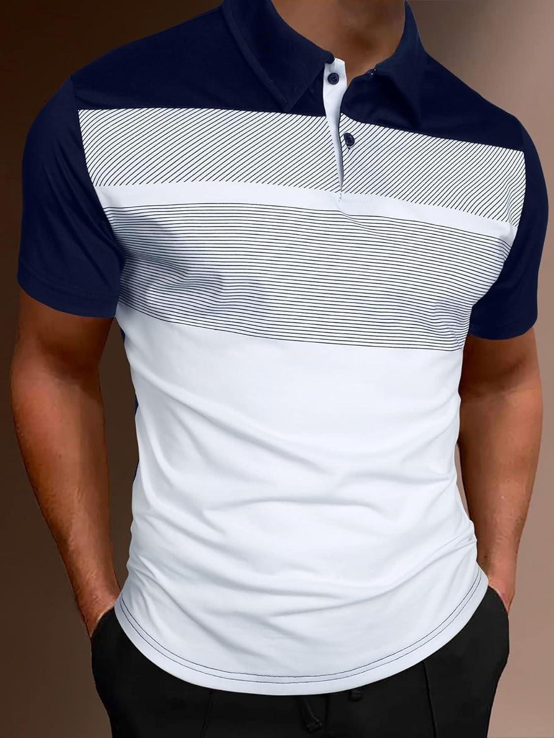 imageSOLY HUX Mens Playing Card Print Golf Shirt Short Sleeve Summer Work Tennis Tee ShirtBlue White Striped