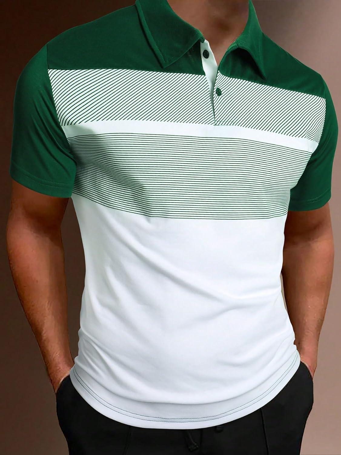 imageSOLY HUX Mens Playing Card Print Golf Shirt Short Sleeve Summer Work Tennis Tee ShirtGreen White Striped
