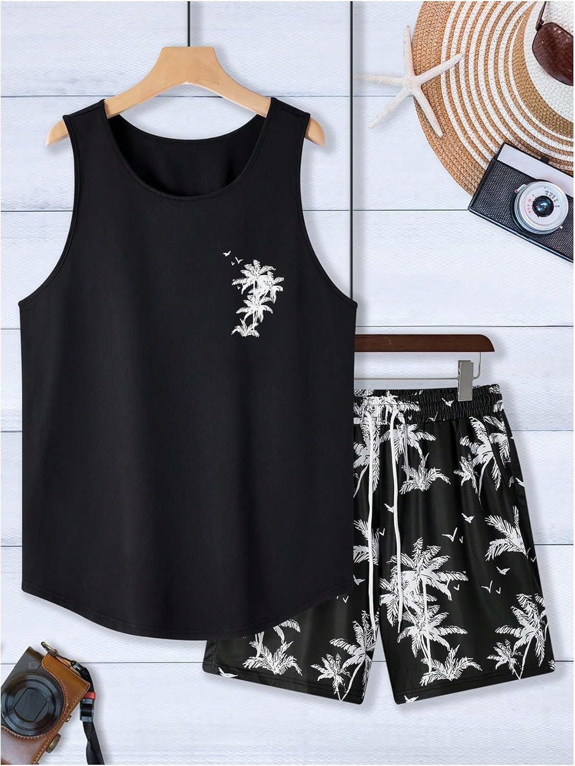 imageSOLY HUX Mens Short Sets 2 Piece Outfits Summer Tropical Print Tank Tops and Drawstring Shorts SetsBlack Tropical
