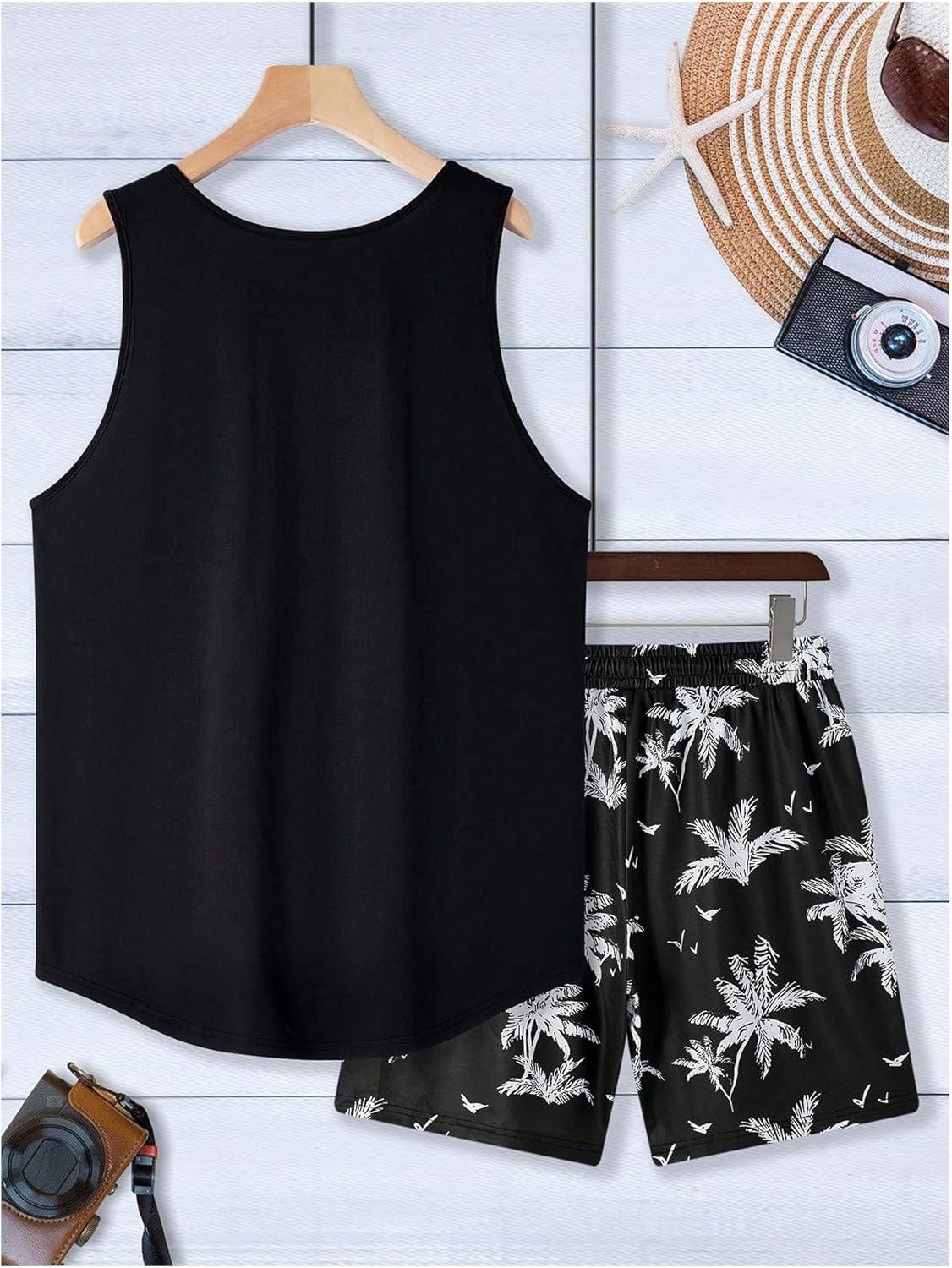 imageSOLY HUX Mens Short Sets 2 Piece Outfits Summer Tropical Print Tank Tops and Drawstring Shorts SetsBlack Tropical