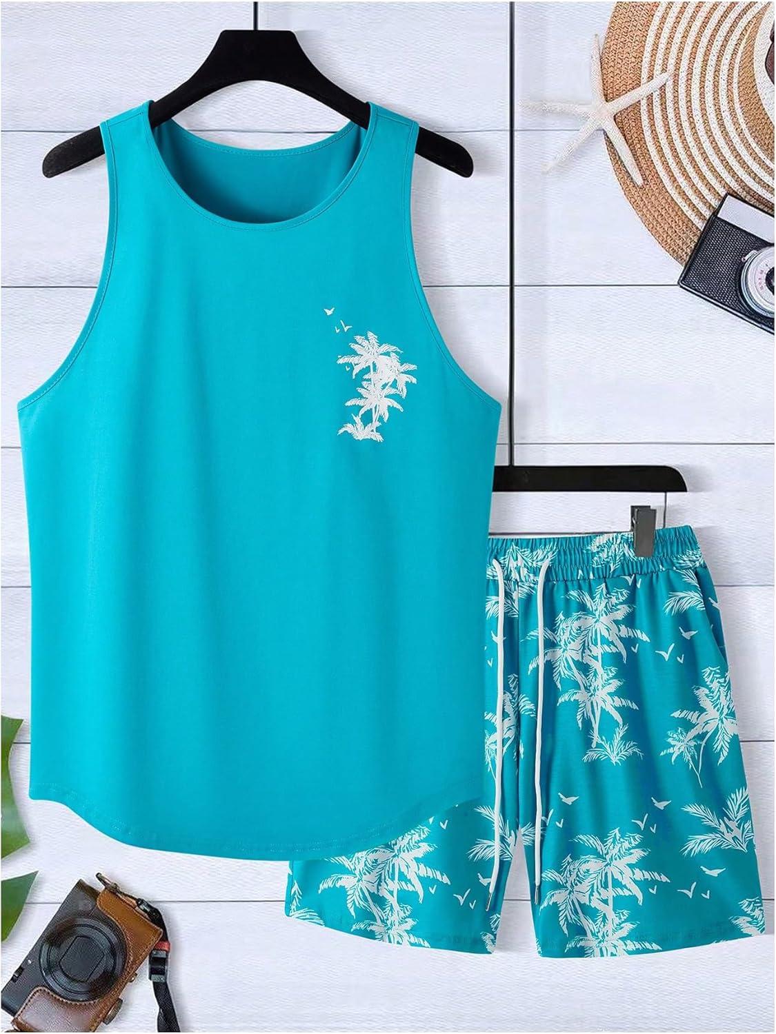imageSOLY HUX Mens Short Sets 2 Piece Outfits Summer Tropical Print Tank Tops and Drawstring Shorts SetsBlue Tropical Printed