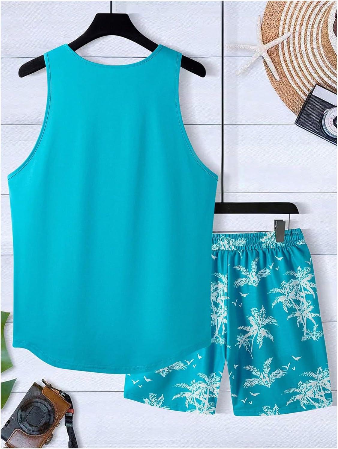 imageSOLY HUX Mens Short Sets 2 Piece Outfits Summer Tropical Print Tank Tops and Drawstring Shorts SetsBlue Tropical Printed