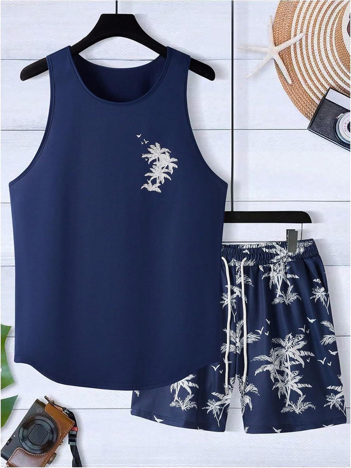 imageSOLY HUX Mens Short Sets 2 Piece Outfits Summer Tropical Print Tank Tops and Drawstring Shorts SetsDark Blue Tropical