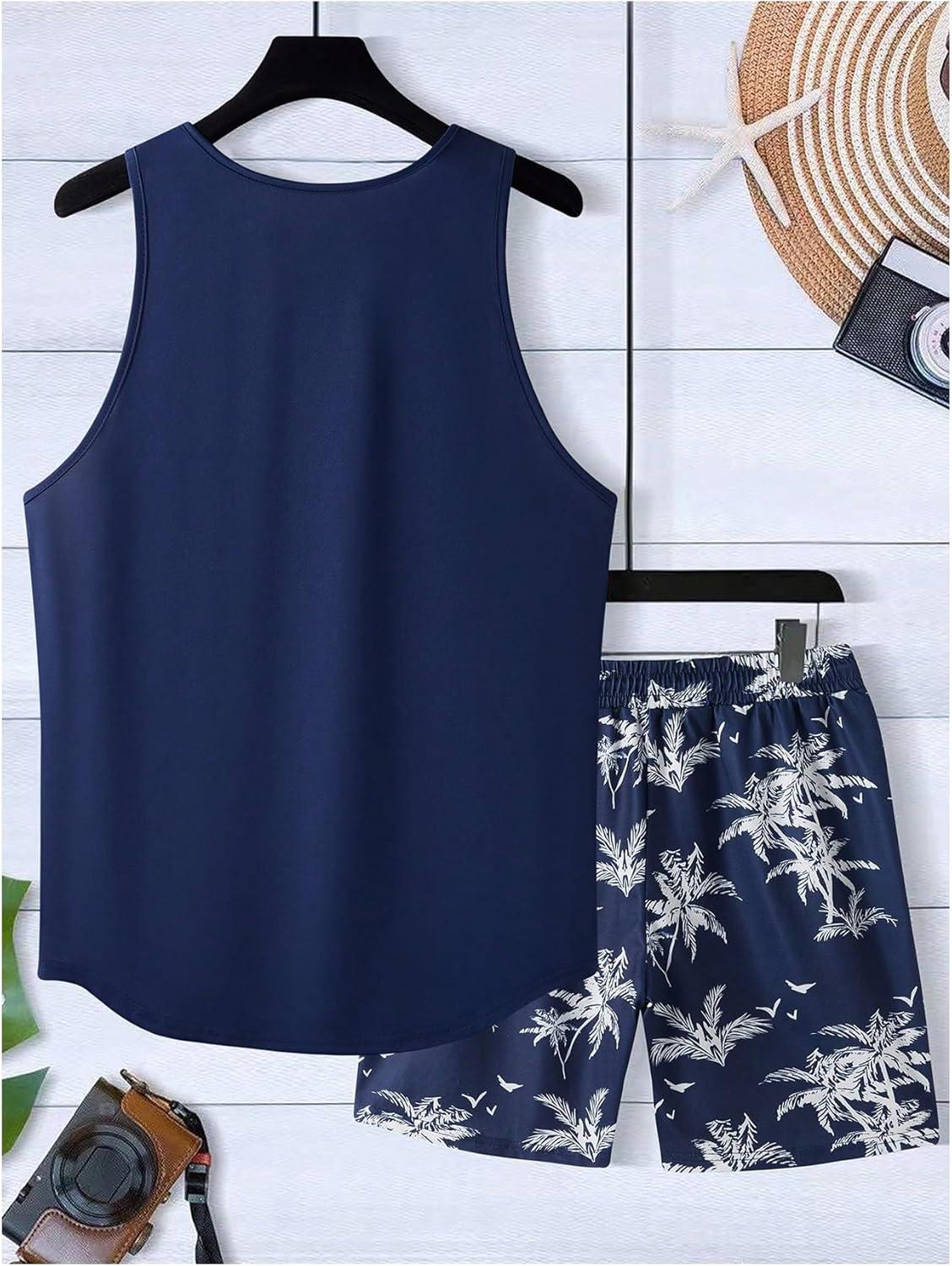 imageSOLY HUX Mens Short Sets 2 Piece Outfits Summer Tropical Print Tank Tops and Drawstring Shorts SetsDark Blue Tropical