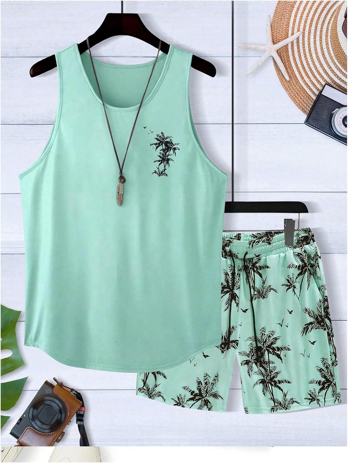 imageSOLY HUX Mens Short Sets 2 Piece Outfits Summer Tropical Print Tank Tops and Drawstring Shorts SetsMint Green Tropical
