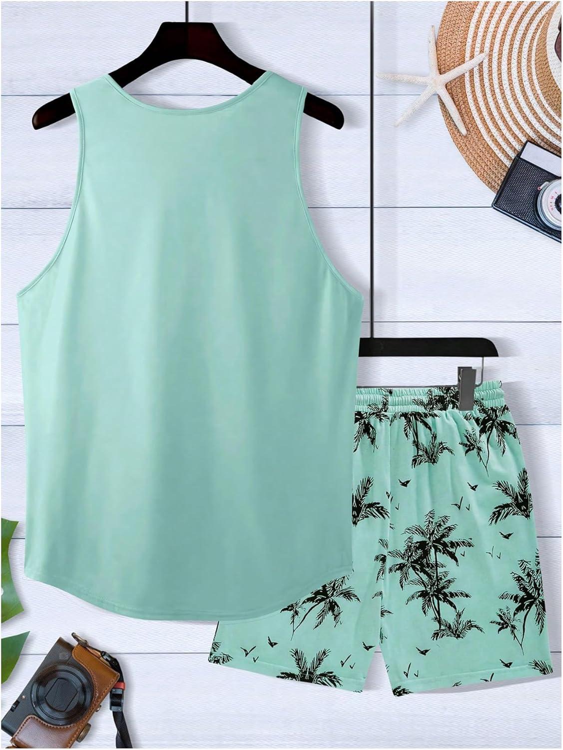 imageSOLY HUX Mens Short Sets 2 Piece Outfits Summer Tropical Print Tank Tops and Drawstring Shorts SetsMint Green Tropical