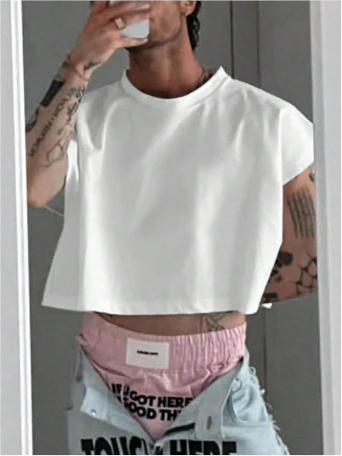 imageSOLY HUX Mens Short Sleeve Crew Neck Cropped T Shirts Summer Basic Baggy Tee TopsSolid White