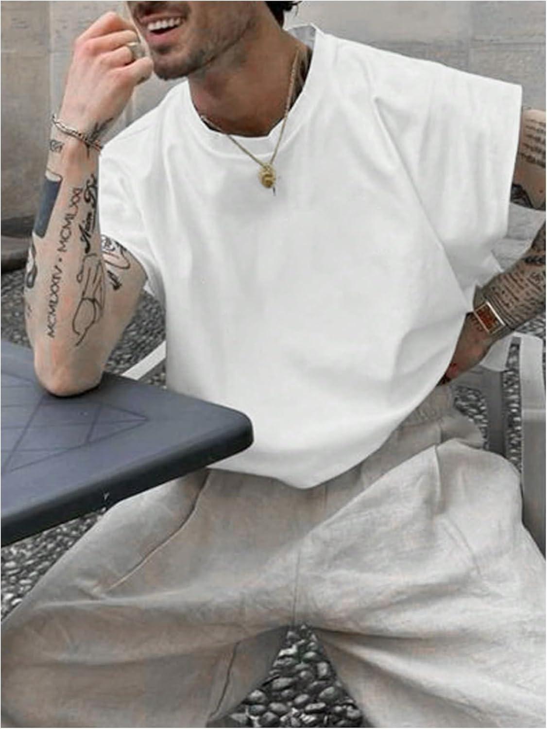 imageSOLY HUX Mens Short Sleeve Crew Neck Cropped T Shirts Summer Basic Baggy Tee TopsSolid White