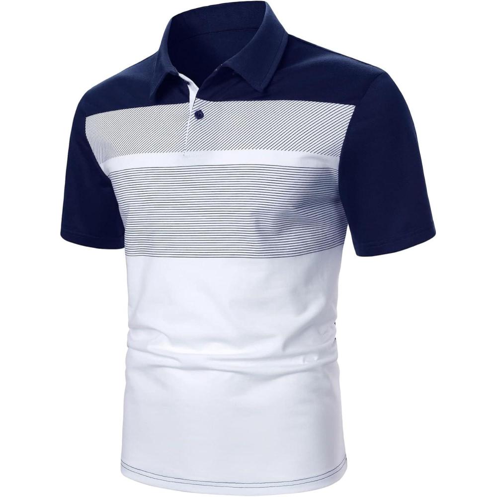 imageSOLY HUX Mens Playing Card Print Golf Shirt Short Sleeve Summer Work Tennis Tee ShirtBlue White Striped