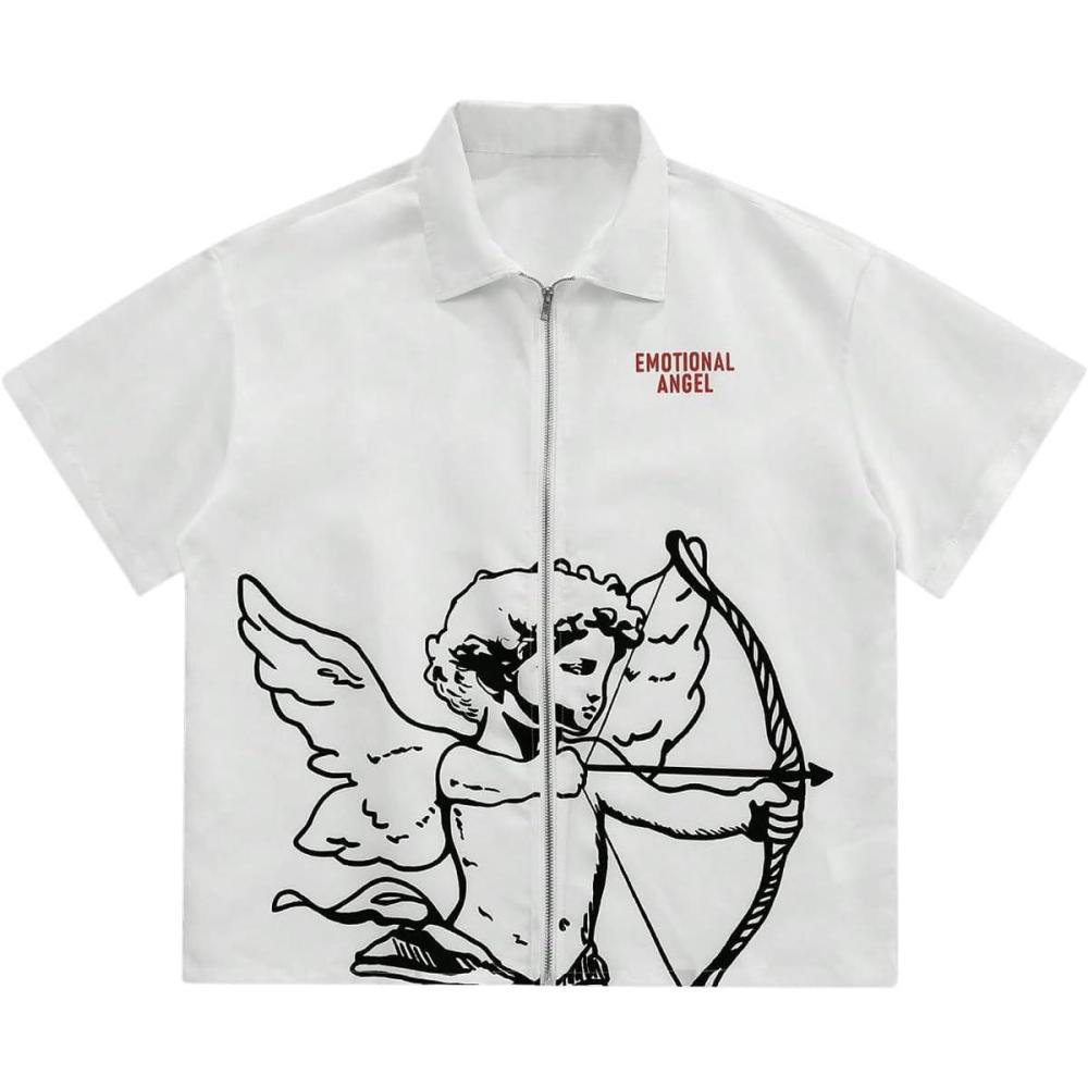 imageSOLY HUX Mens Summer Zip Up Graphic Tees Short Sleeve Hawaiian Tshirts Lapel Collar TopsWhite Graphic