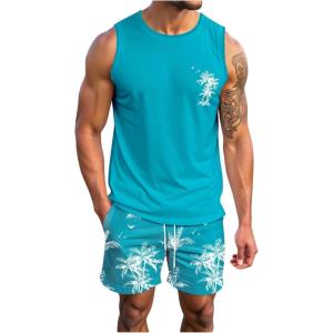 imageSOLY HUX Mens Short Sets 2 Piece Outfits Summer Tropical Print Tank Tops and Drawstring Shorts SetsBlue Tropical Printed