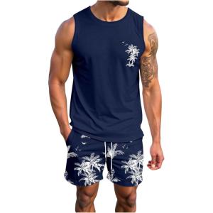 imageSOLY HUX Mens Short Sets 2 Piece Outfits Summer Tropical Print Tank Tops and Drawstring Shorts SetsDark Blue Tropical