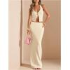 imageSOLY HUX Womens 2 Piece Evening Party Outfit Elegant Split Hem Halter Crop Top and Maxi Skirt SetPlain Apricot