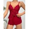 imageSOLY HUX Womens 2 Piece Lace Pajama Set Mesh Sheer Ruffle Deep V Neck Top and Shorts Set NightwearPure Burgundy