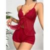 imageSOLY HUX Womens 2 Piece Lace Pajama Set Mesh Sheer Ruffle Deep V Neck Top and Shorts Set NightwearPure Burgundy