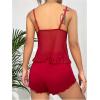 imageSOLY HUX Womens 2 Piece Lace Pajama Set Mesh Sheer Ruffle Deep V Neck Top and Shorts Set NightwearPure Burgundy