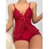 imageSOLY HUX Womens 2 Piece Lace Pajama Set Mesh Sheer Ruffle Deep V Neck Top and Shorts Set NightwearPure Burgundy