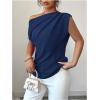 imageSOLY HUX Womens Blouse Ruched Off The Shoulder Short Sleeve Asymmetric Neck Summer TopsPlain Dark Blue