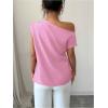 imageSOLY HUX Womens Blouse Ruched Off The Shoulder Short Sleeve Asymmetric Neck Summer TopsPlain Pink