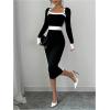 imageSOLY HUX Womens Long Sleeve Square Neck Bodycon Elegant Midi Dress Pencil Cocktail Party DressesBlack and White