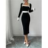 imageSOLY HUX Womens Long Sleeve Square Neck Bodycon Elegant Midi Dress Pencil Cocktail Party DressesBlack and White