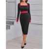 imageSOLY HUX Womens Long Sleeve Square Neck Bodycon Elegant Midi Dress Pencil Cocktail Party DressesBurgundy and White
