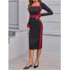 imageSOLY HUX Womens Long Sleeve Square Neck Bodycon Elegant Midi Dress Pencil Cocktail Party DressesBurgundy and White