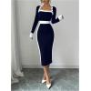 imageSOLY HUX Womens Long Sleeve Square Neck Bodycon Elegant Midi Dress Pencil Cocktail Party DressesDark Blue and White