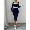 imageSOLY HUX Womens Long Sleeve Square Neck Bodycon Elegant Midi Dress Pencil Cocktail Party DressesDark Blue and White