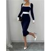 imageSOLY HUX Womens Long Sleeve Square Neck Bodycon Elegant Midi Dress Pencil Cocktail Party DressesDark Blue and White