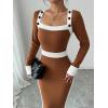 imageSOLY HUX Womens Long Sleeve Square Neck Bodycon Elegant Midi Dress Pencil Cocktail Party DressesKhaki and White