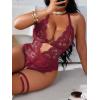 imageSOLY HUX Womens Plus Size Lace Lingerie Set Deep V Neck Teddy Bodysuit Babydoll Nightwear with Leg RingPure Burgundy