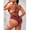 imageSOLY HUX Womens Plus Size Lace Lingerie Set Deep V Neck Teddy Bodysuit Babydoll Nightwear with Leg RingPure Burgundy