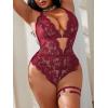 imageSOLY HUX Womens Plus Size Lace Lingerie Set Deep V Neck Teddy Bodysuit Babydoll Nightwear with Leg RingPure Burgundy