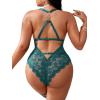 imageSOLY HUX Womens Plus Size Lace Lingerie Set Deep V Neck Teddy Bodysuit Babydoll Nightwear with Leg RingPure Green