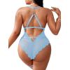 imageSOLY HUX Womens Plus Size Lace Lingerie Set Deep V Neck Teddy Bodysuit Babydoll Nightwear with Leg RingPure Light Blue