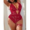 imageSOLY HUX Womens Plus Size Lace Lingerie Set Deep V Neck Teddy Bodysuit Babydoll Nightwear with Leg RingPure Red