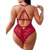 imageSOLY HUX Womens Plus Size Lace Lingerie Set Deep V Neck Teddy Bodysuit Babydoll Nightwear with Leg RingPure Red