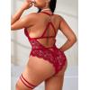 imageSOLY HUX Womens Plus Size Lace Lingerie Set Deep V Neck Teddy Bodysuit Babydoll Nightwear with Leg RingPure Red