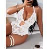 imageSOLY HUX Womens Plus Size Lace Lingerie Set Deep V Neck Teddy Bodysuit Babydoll Nightwear with Leg RingPure White
