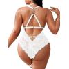 imageSOLY HUX Womens Plus Size Lace Lingerie Set Deep V Neck Teddy Bodysuit Babydoll Nightwear with Leg RingPure White