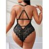 imageSOLY HUX Womens Plus Size Lace Lingerie Set Deep V Neck Teddy Bodysuit Babydoll Nightwear with Leg RingSolid Black